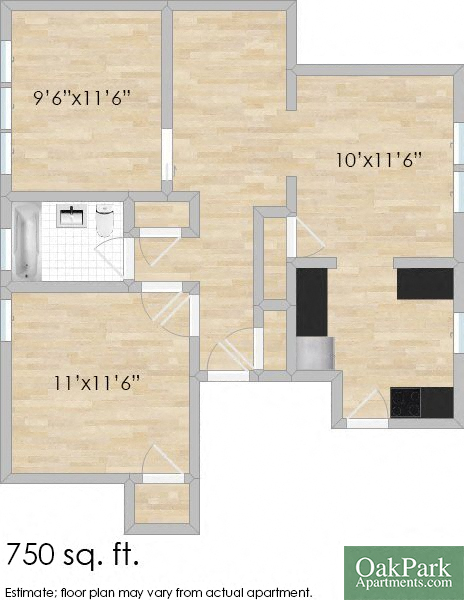 Floor plan for 1 bed, 1 bath, 800 sqft